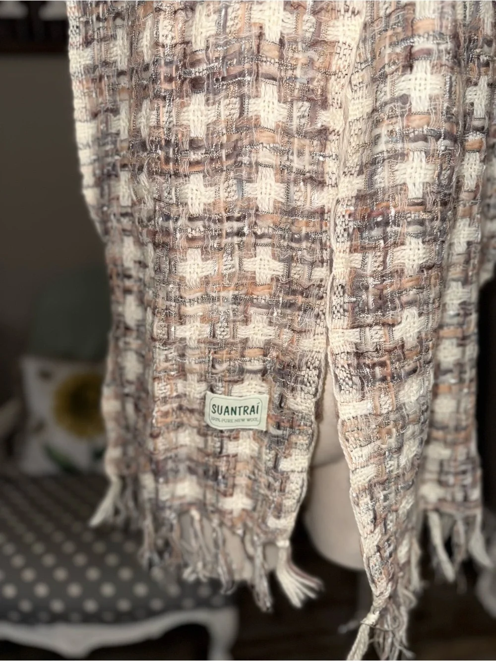SUANTRAI 100% Pure New Wool Neutral Woven Fringe Scarf Wrap